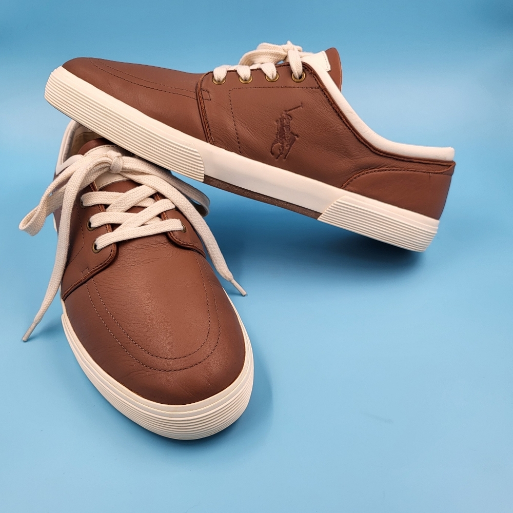 Mens Polo Ralph Lauren Tan Leather Faxon Low Top Boat Shoes Sneakers EUC sz 14 D - Picture 2 of 14